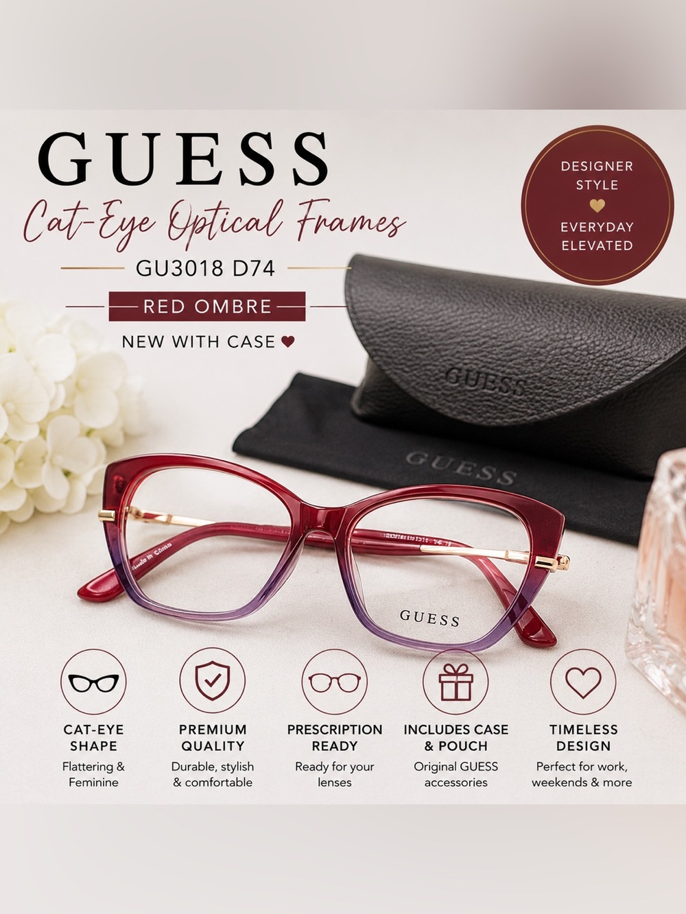 GUESS GU3018 D74 Cat-Eye Optical Frames Red Ombre w/ Case NWT